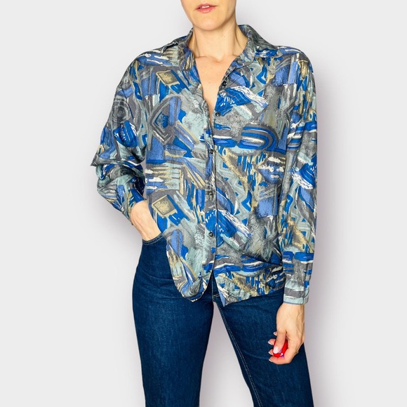 90s S.I.N.Y. Blue‎ Aqua Gray Abstract Print Silk Shirt - Picture 5 of 9
